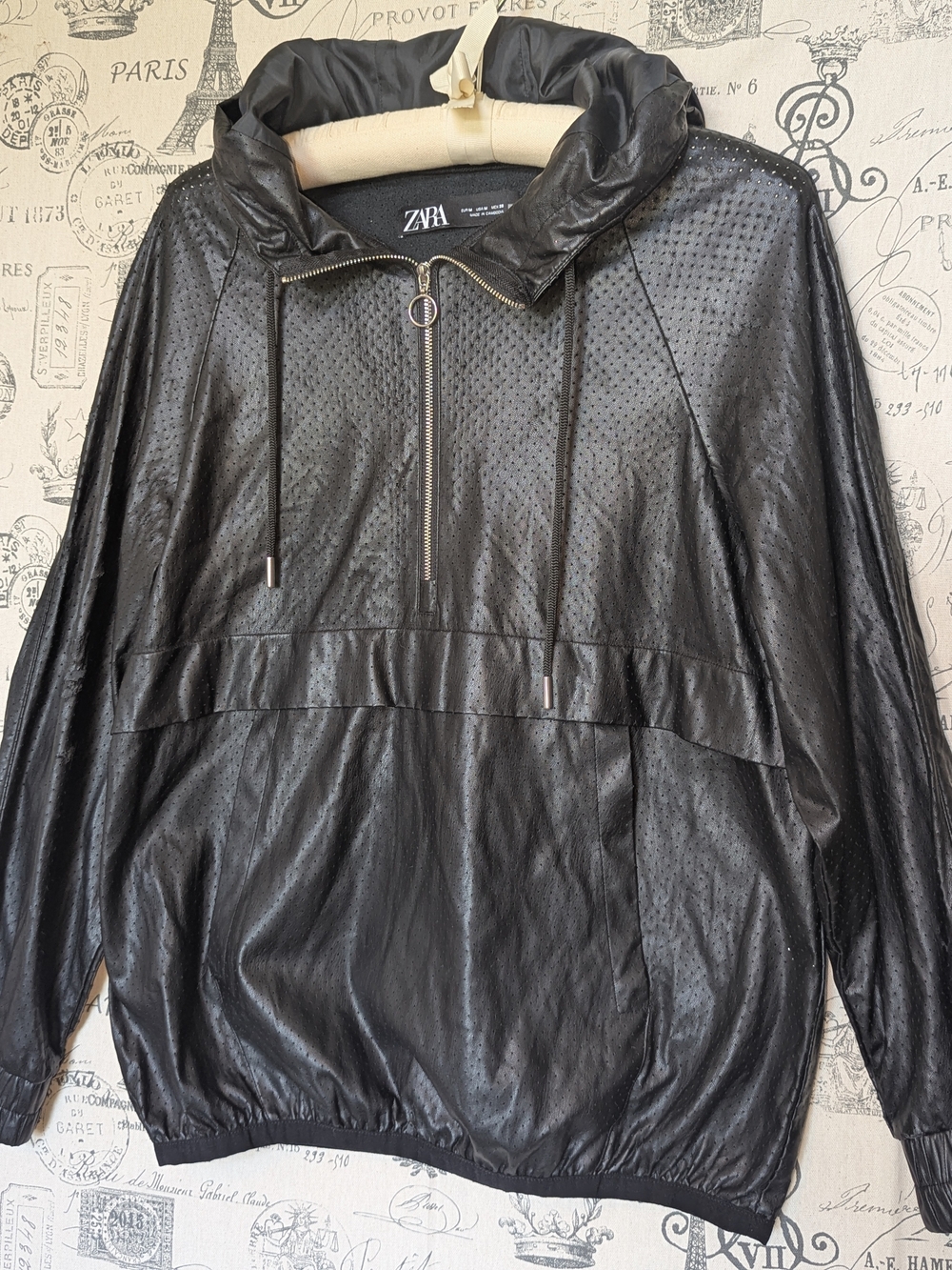Zara Black Perforated Faux-Leather Hooded Bomber Pullover - Size M